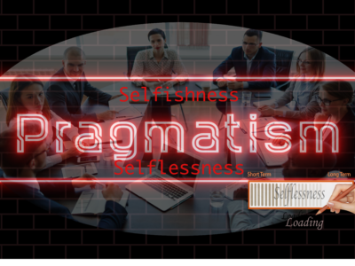 Illustration showing Neon words Pragmatic, Selfishness and Selflessness with a "Selflessness Loading" image
